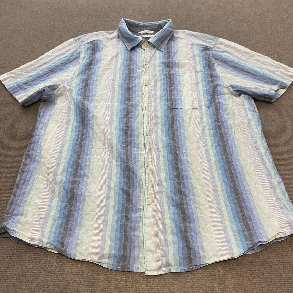 Tommy Bahama Shirt Mens XL Blue Striped Lightweight Casual Stretch Button Up